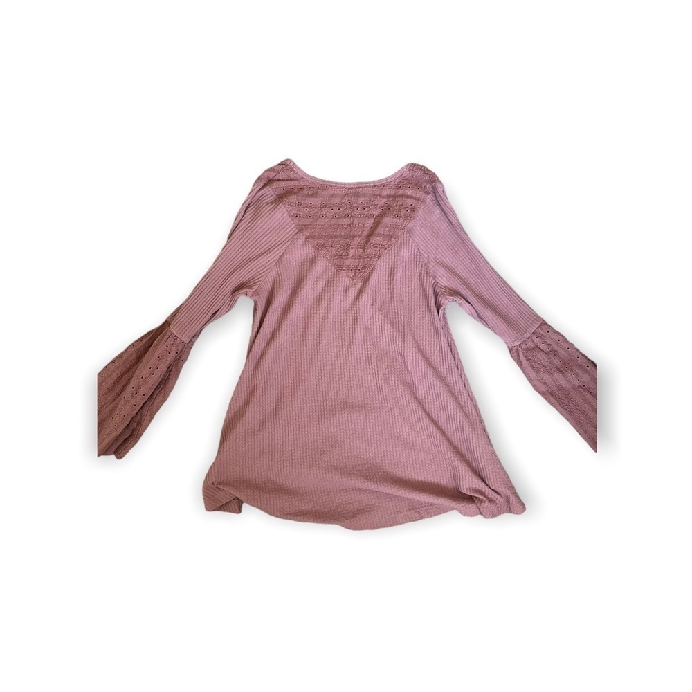 Free People Blush Pink Bohemian Eyelet Lace V Neck Long Tea Towel Sleeve Blouse - Picture 10 of 12